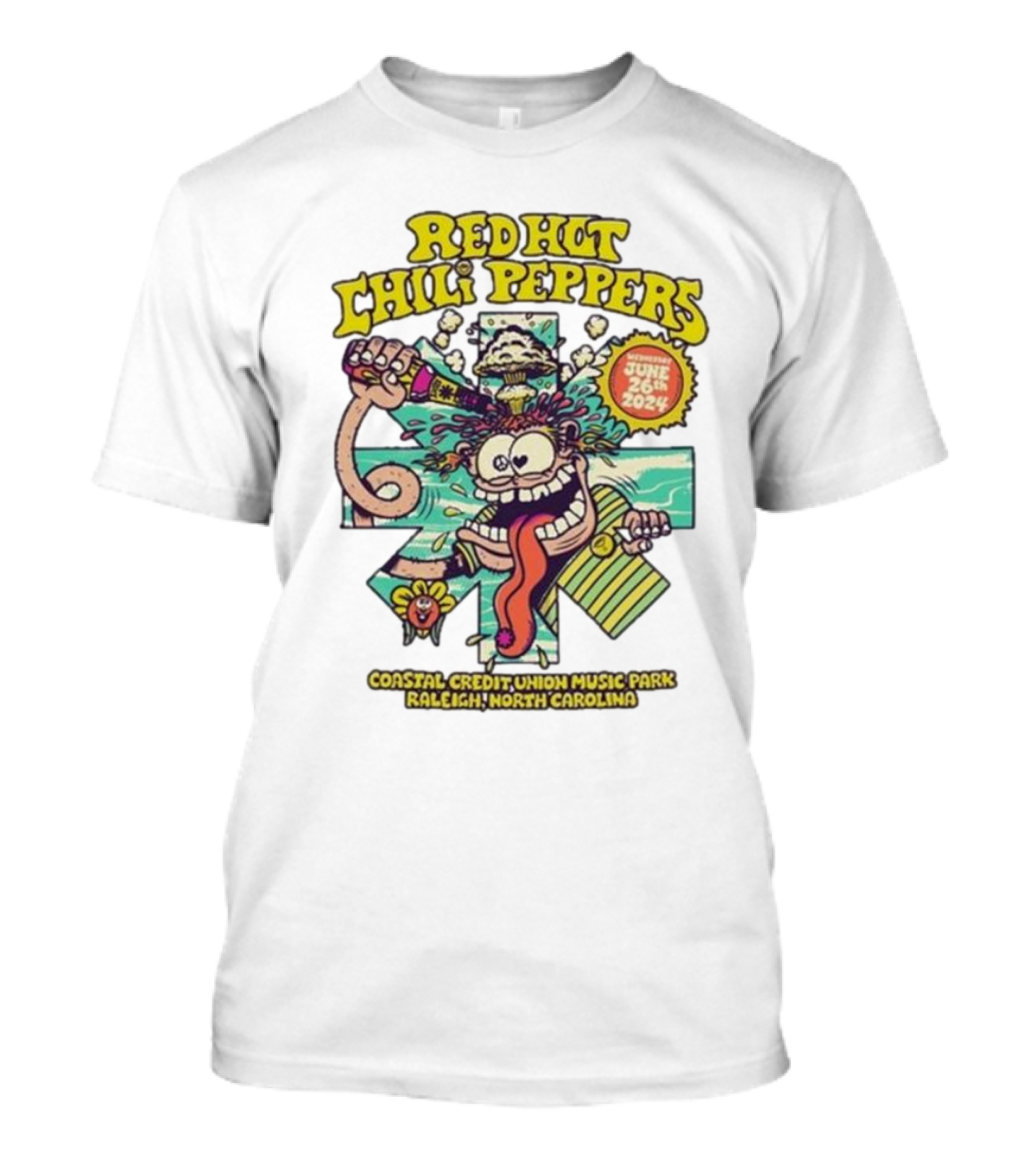 Red Hot Chili Peppers June 26 2024 Coastal Credit Union Music Park Raleigh North Carolina Colorful Cartoon T-Shirt