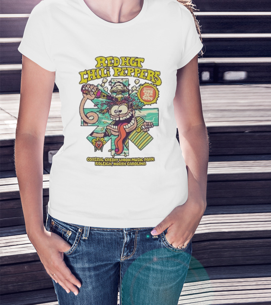 Red Hot Chili Peppers June 26 2024 Coastal Credit Union Music Park Raleigh North Carolina Colorful Cartoon T-Shirt