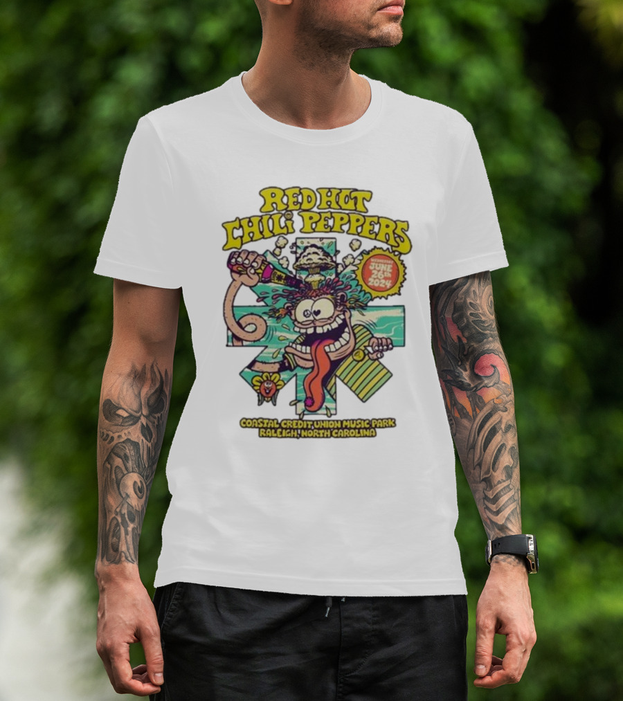 Red Hot Chili Peppers June 26 2024 Coastal Credit Union Music Park Raleigh North Carolina Colorful Cartoon T-Shirt