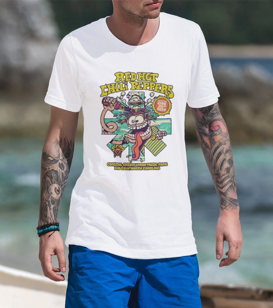 Red Hot Chili Peppers June 26 2024 Coastal Credit Union Music Park Raleigh North Carolina Colorful Cartoon T-Shirt