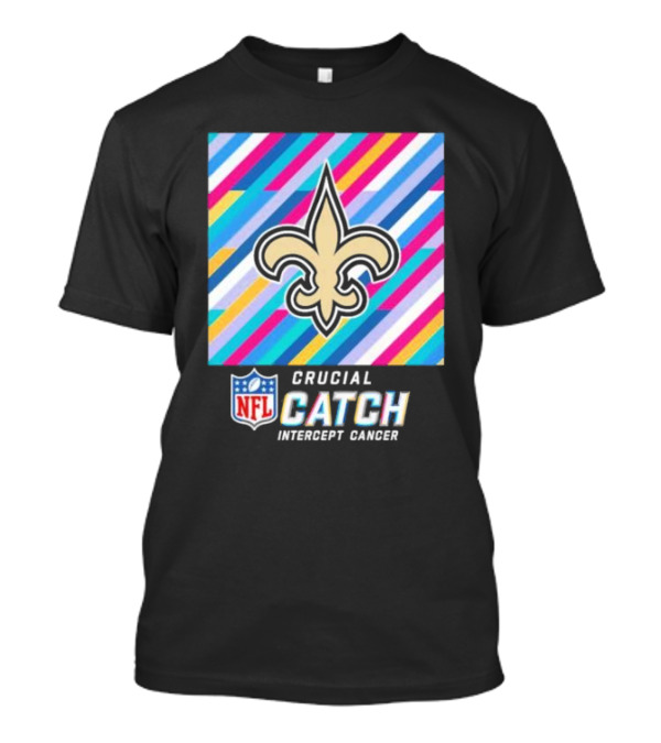 New Orleans Saints Crucial Catch Intercept Cancer NFL 2024 Fleur-de-Lis Icon And Bold Stripes T-Shirt