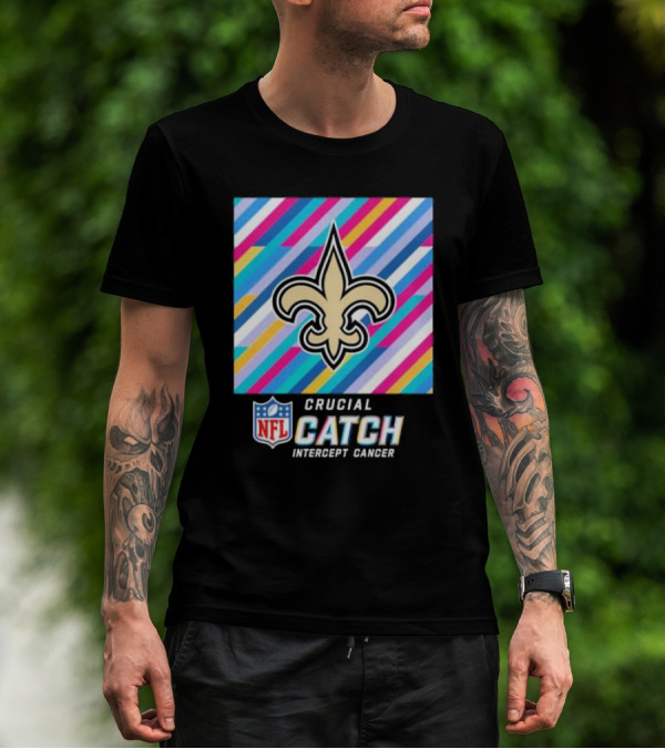 New Orleans Saints Crucial Catch Intercept Cancer NFL 2024 Fleur-de-Lis Icon And Bold Stripes T-Shirt