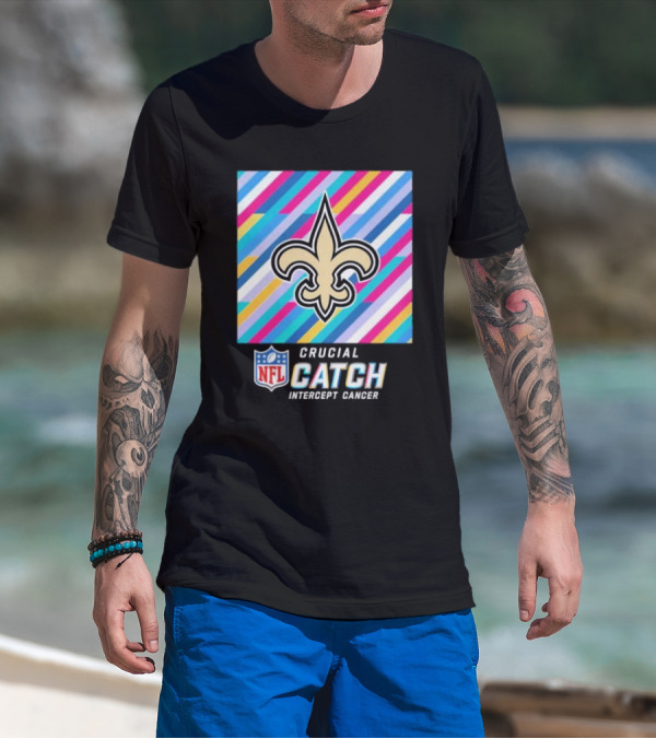 New Orleans Saints Crucial Catch Intercept Cancer NFL 2024 Fleur-de-Lis Icon And Bold Stripes T-Shirt