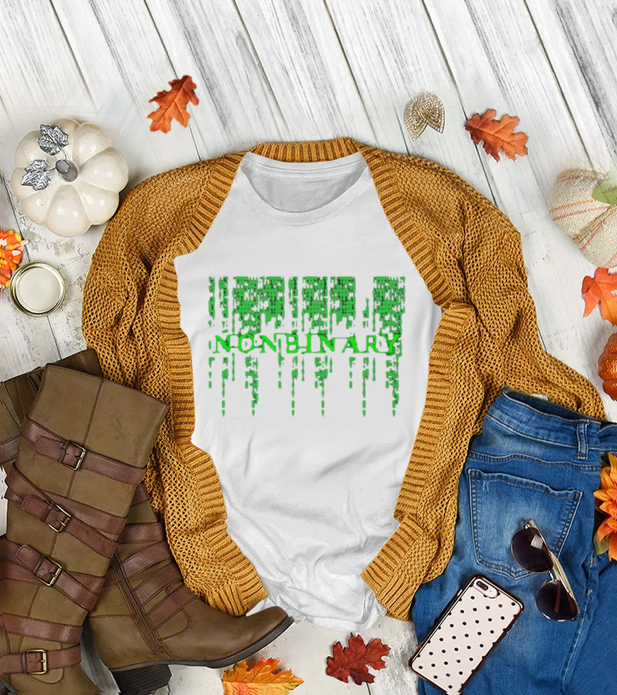 Non Binary Code Matrix-Inspired Green Text T-Shirt