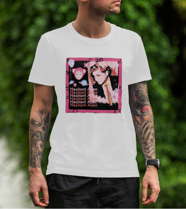 Hesitant Alien Pink Portrait Repeated Text And Mask Cartoon T-Shirt