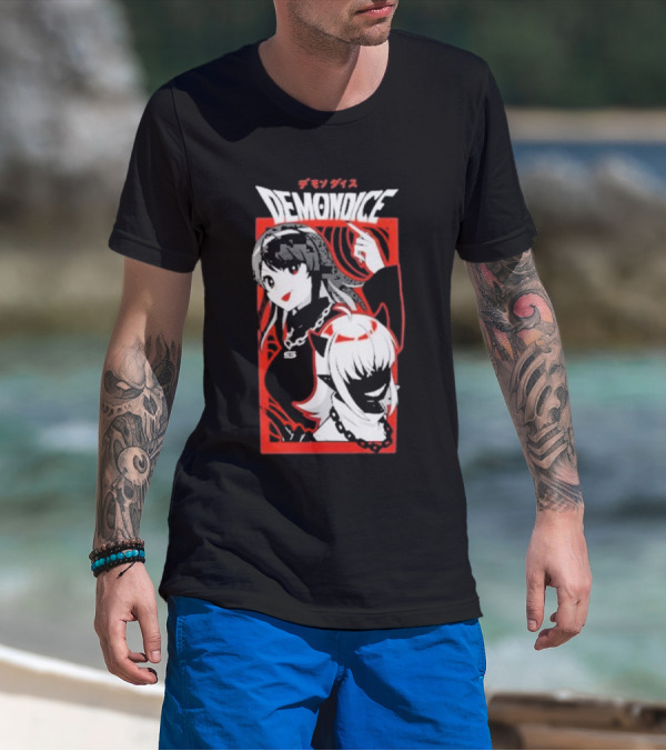 DEMONDICE Anime Style Red And White Character Design Chains T-Shirt