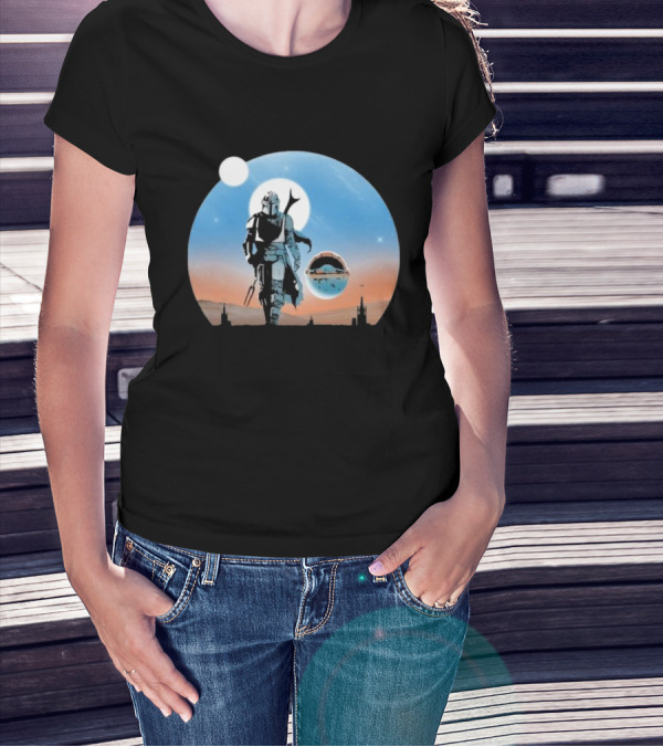 Protect The Child Star War Walking Mandalorian Sunset Adventure T-Shirt
