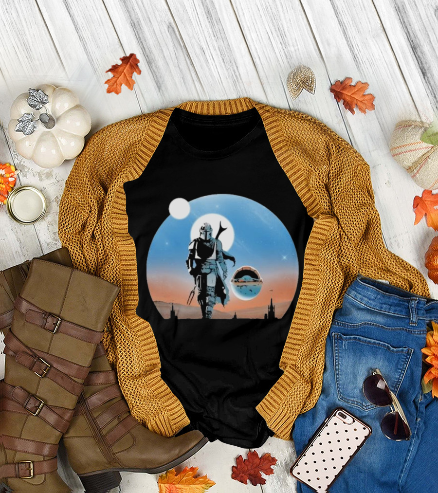 Protect The Child Star War Walking Mandalorian Sunset Adventure T-Shirt