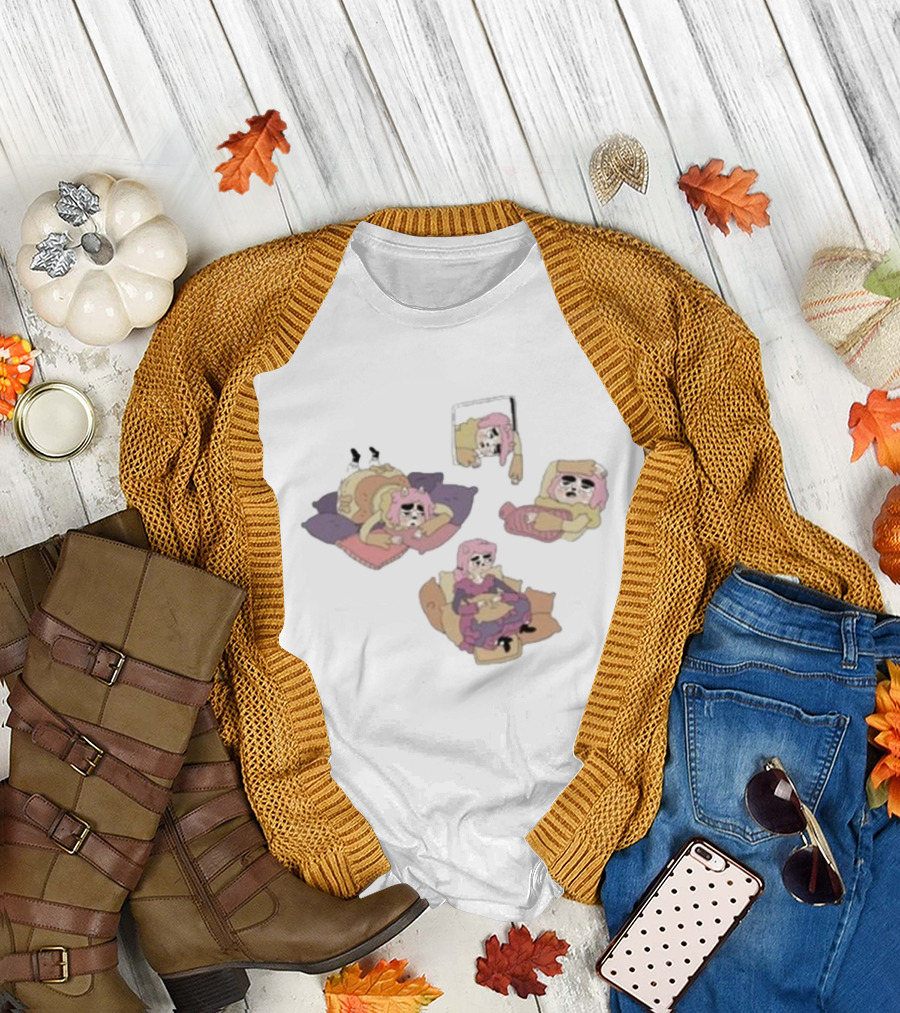 Weekend Susie Cozy Relaxation Scenes with Pink Hair Girl Relaxing on Pillows and Chair T-Shirt