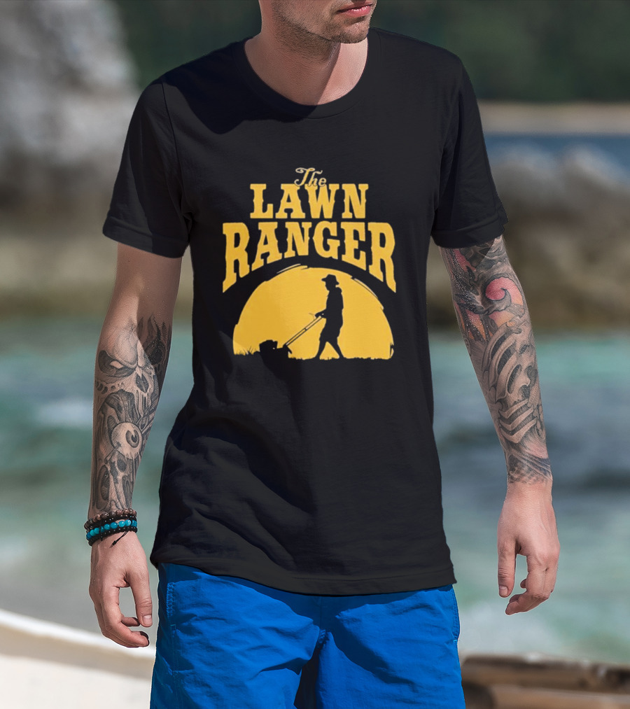The Lawn Ranger Mower Silhouette Against Setting Sun T-Shirt