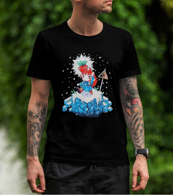 The Yetee Celeste 64 Pixel Adventure Character With Strawberry And Flag On Ice Mountain T-Shirt