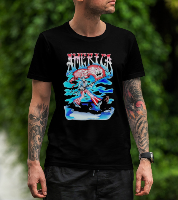 Warren Lotas America Skeleton Uncle Sam With Skull Flags T-Shirt