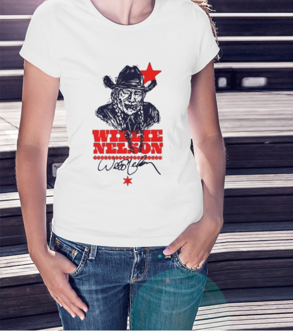 Willie Nelson Woodcut Cowboy Hat Red Star T-Shirt