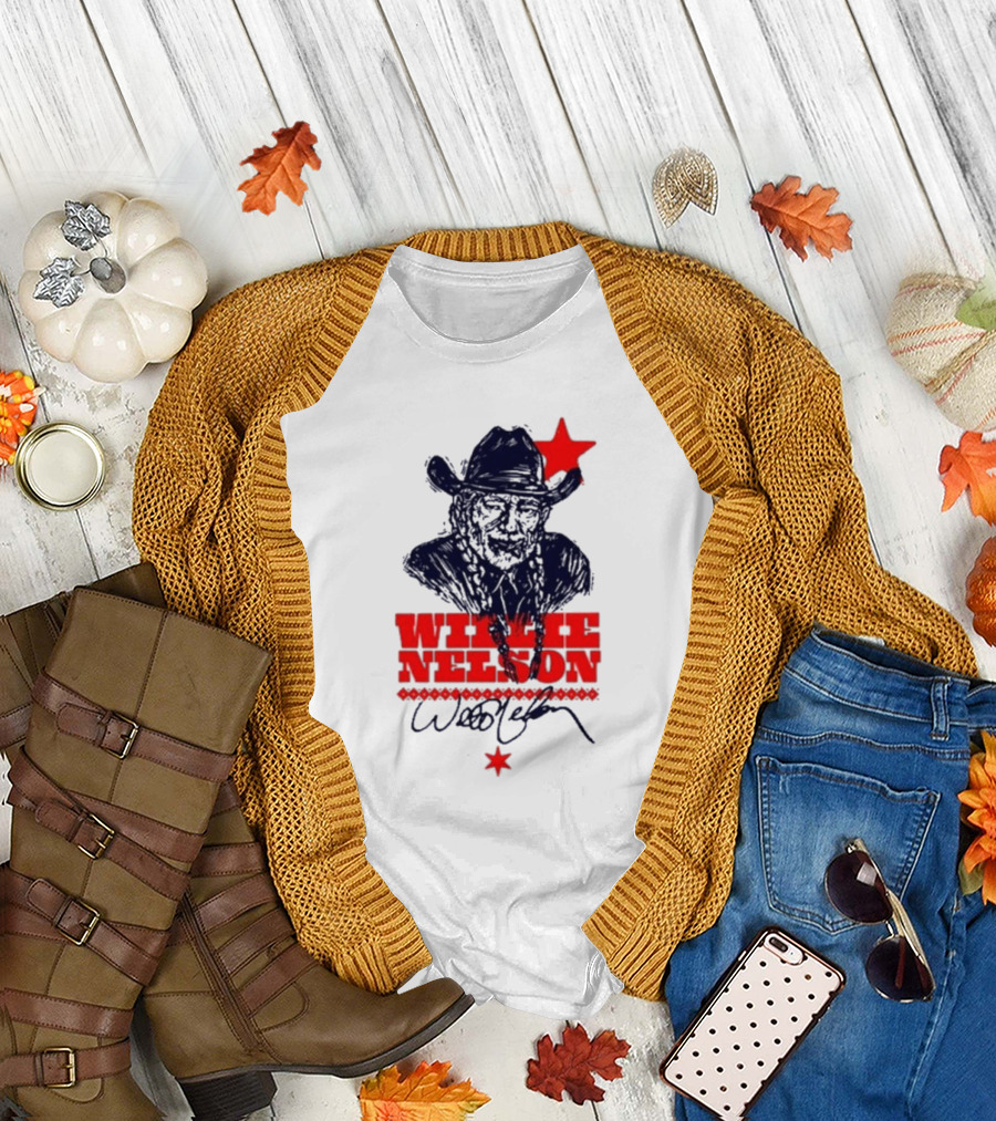 Willie Nelson Woodcut Cowboy Hat Red Star T-Shirt