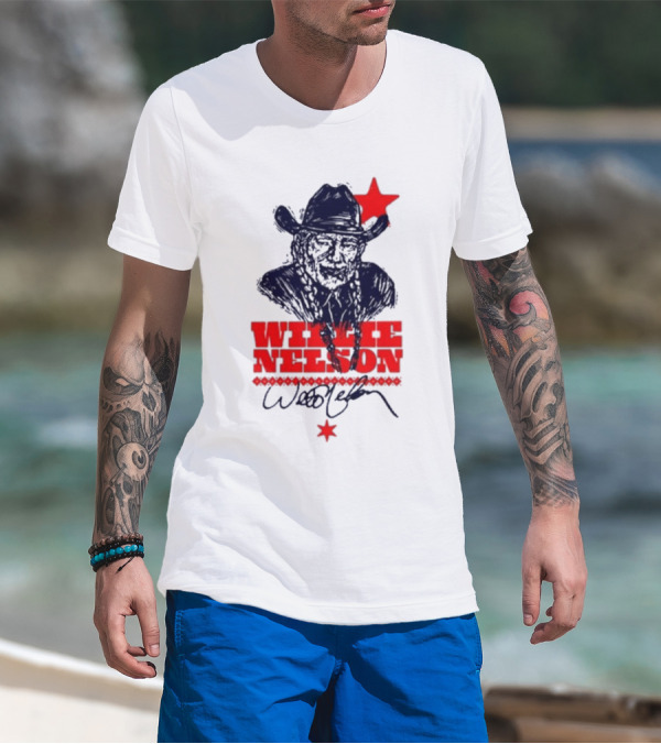 Willie Nelson Woodcut Cowboy Hat Red Star T-Shirt