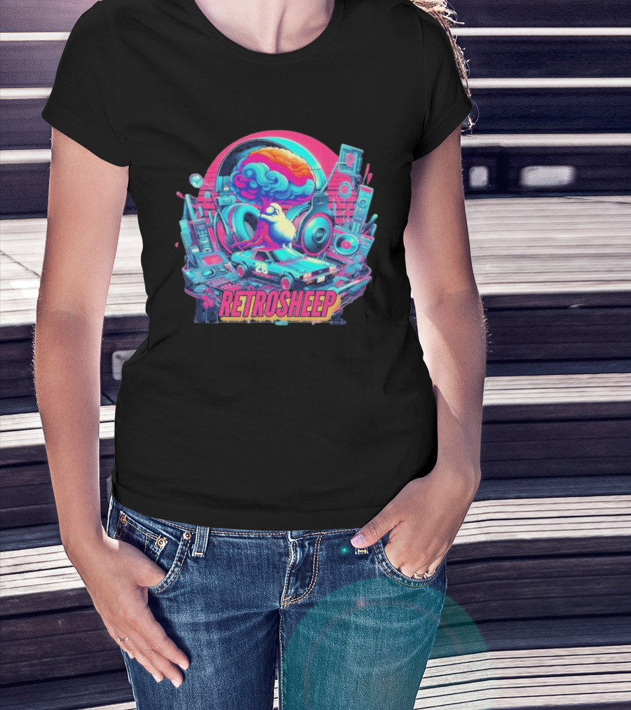Retrosheep Neon Music Explosion With Retro Cars And Speakers T-Shirt