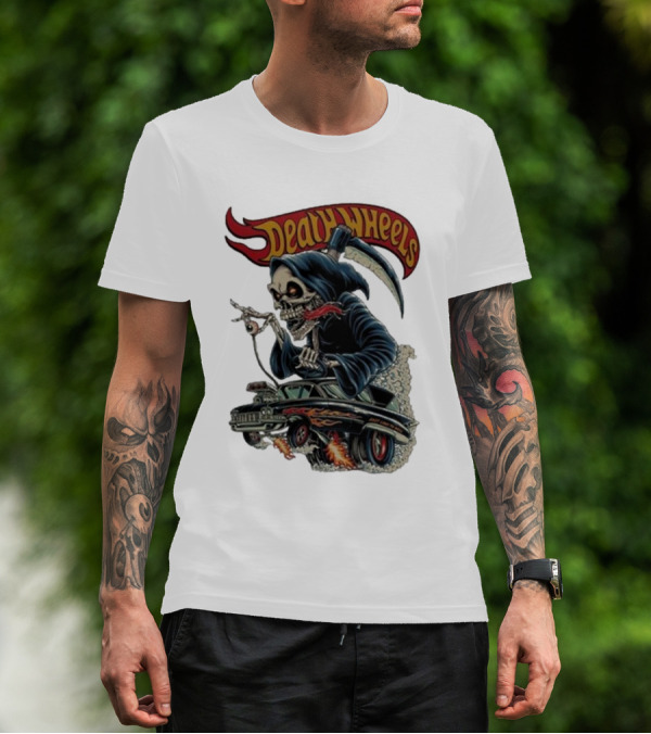 Deadly Wheels Krisna Okky Death Wheels Grim Reaper Driving Flaming Car T-Shirt