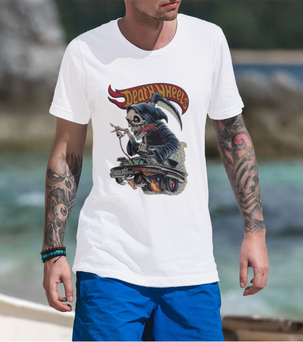 Deadly Wheels Krisna Okky Death Wheels Grim Reaper Driving Flaming Car T-Shirt
