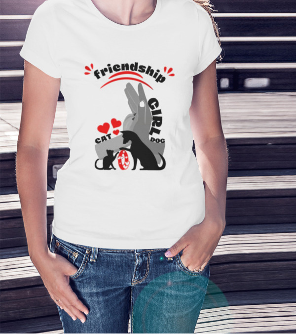 Friendship Girl Cat Dog Pet Pal Hearts T-Shirt