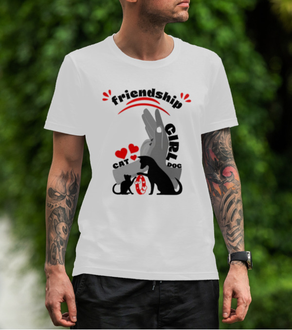 Friendship Girl Cat Dog Pet Pal Hearts T-Shirt
