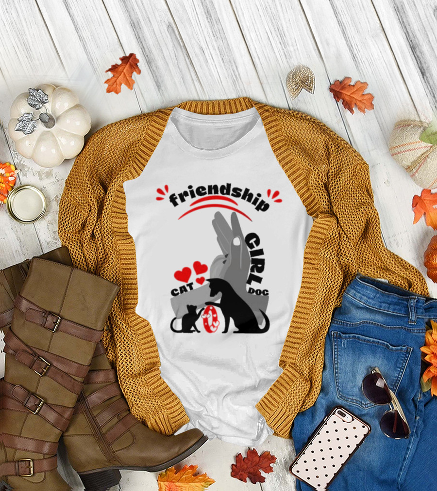 Friendship Girl Cat Dog Pet Pal Hearts T-Shirt