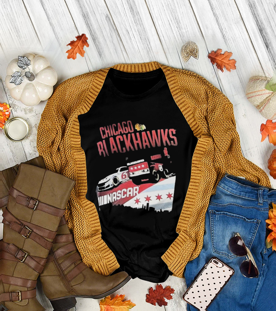 Chicago Blackhawks NASCAR Racing Car with City Skyline and Number 61 T-Shirt