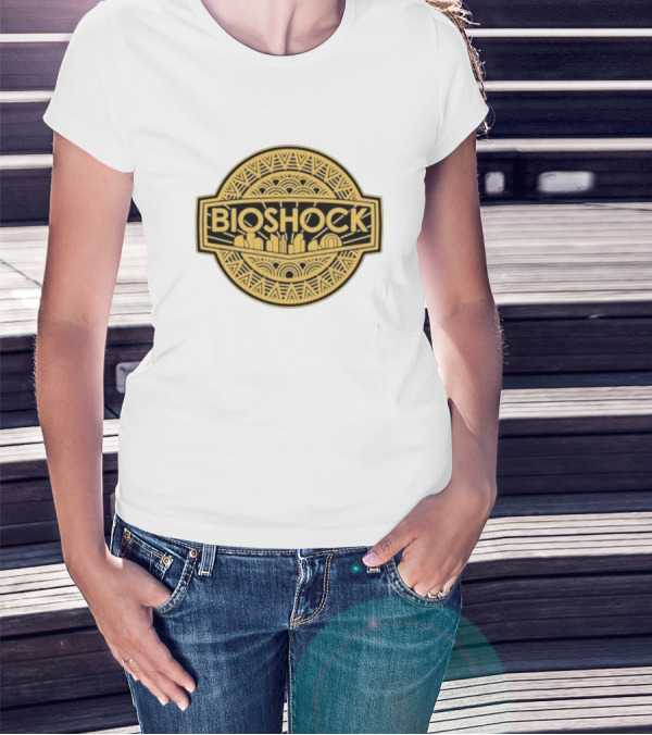 Bioshock Art Deco Golden Emblem With Cityscape T-Shirt