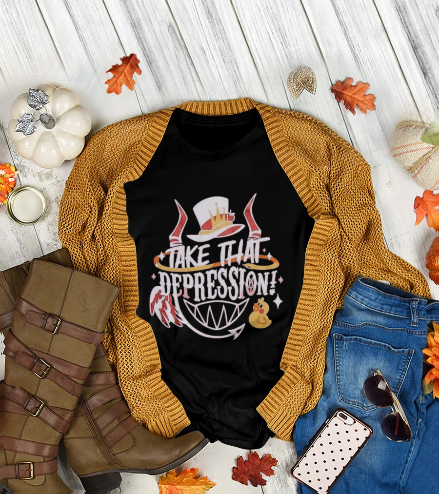 Take That Depression 2024 Hazbin Hotel Crowned Top Hat Winged Grinning Rubber Duck T-Shirt