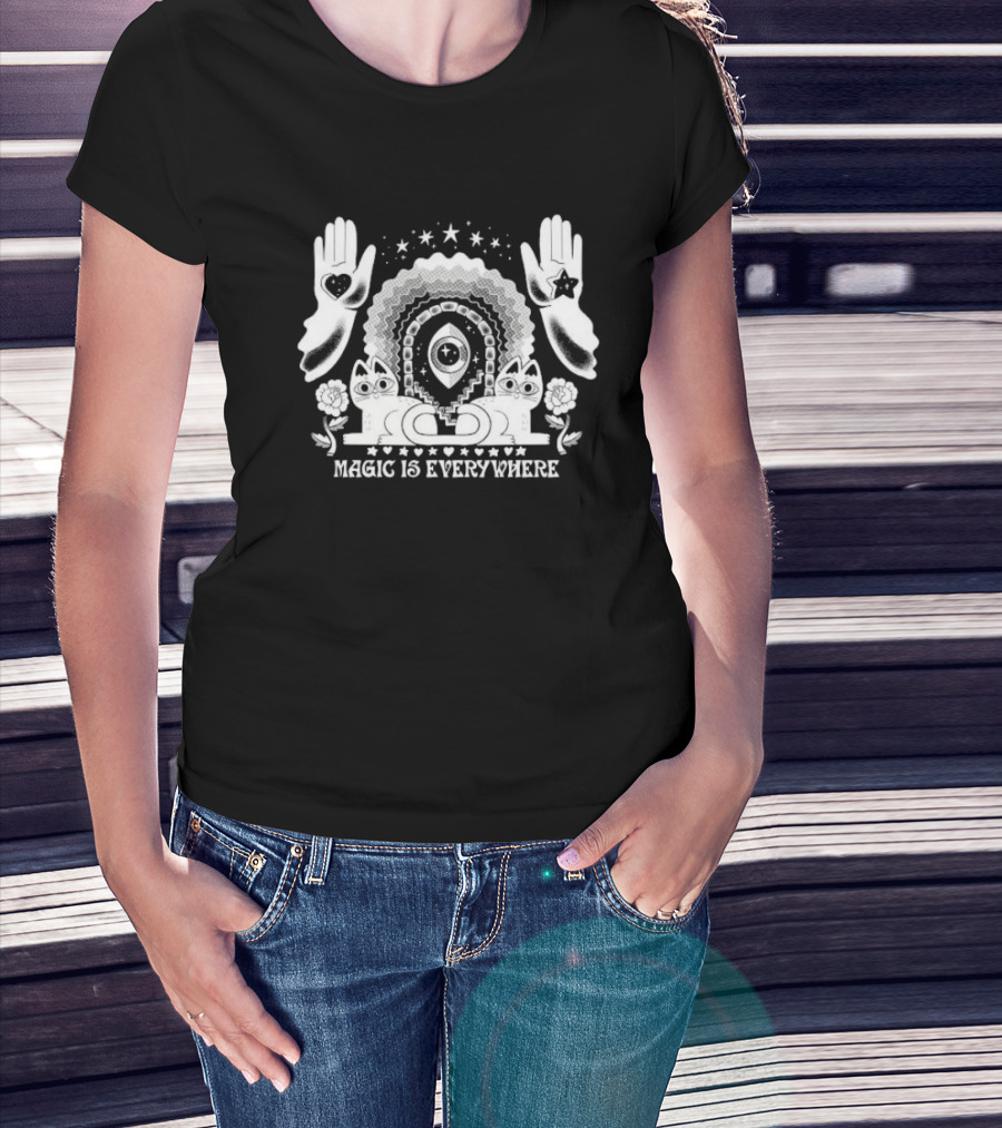 Magic Is Everywhere Witch Cat Stars Hands Flowers Pinkgabbercat T-Shirt