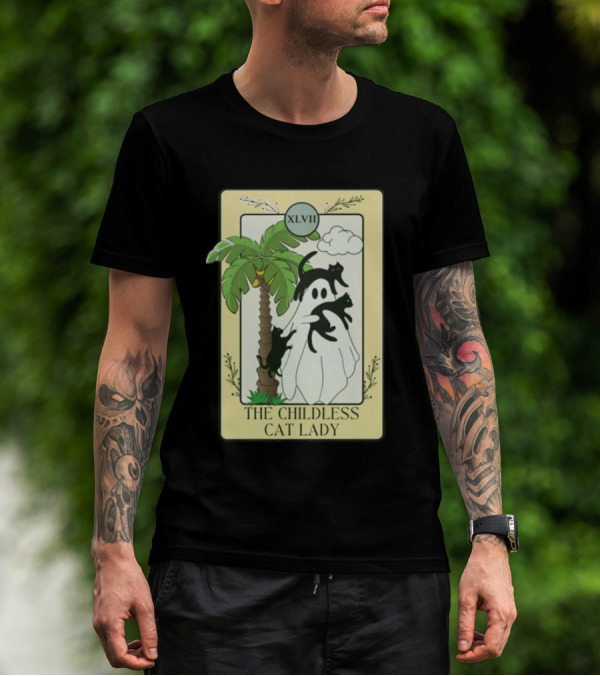 XLVII The Childless Cat Lady Ghost Black Cat Coconut Tree T-Shirt