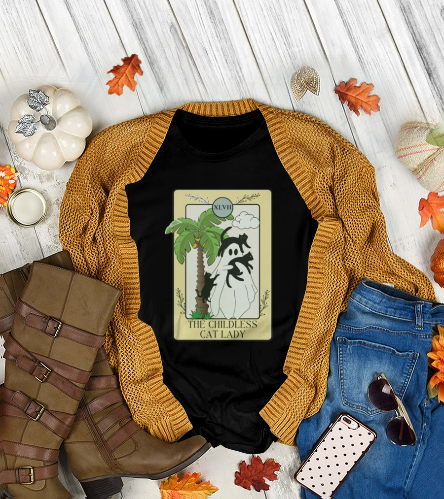 XLVII The Childless Cat Lady Ghost Black Cat Coconut Tree T-Shirt