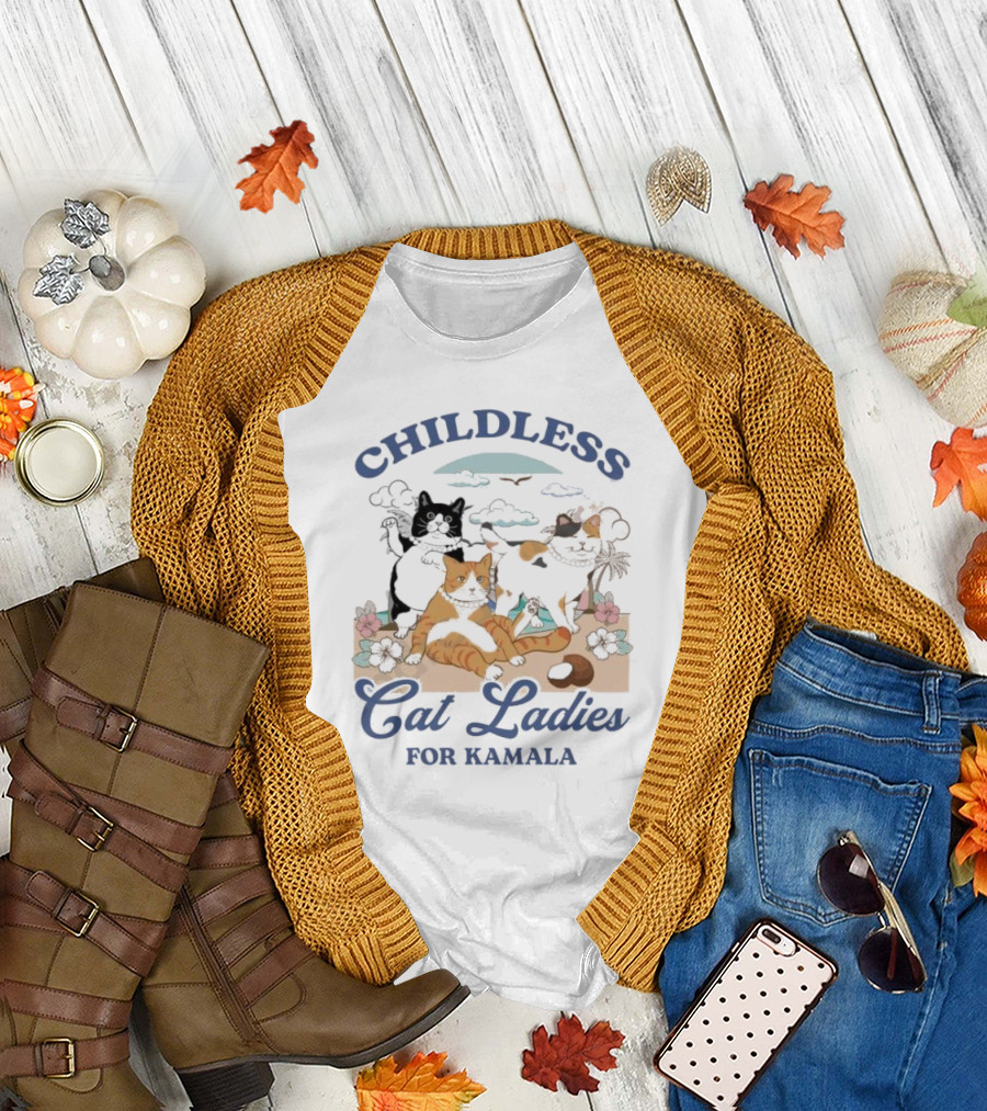Childless Cat Ladies for Kamala with Cats on Beach T-Shirt