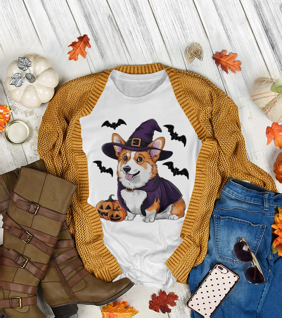 Halloween Corgi in Witch Hat with Pumpkins and Bats T-Shirt