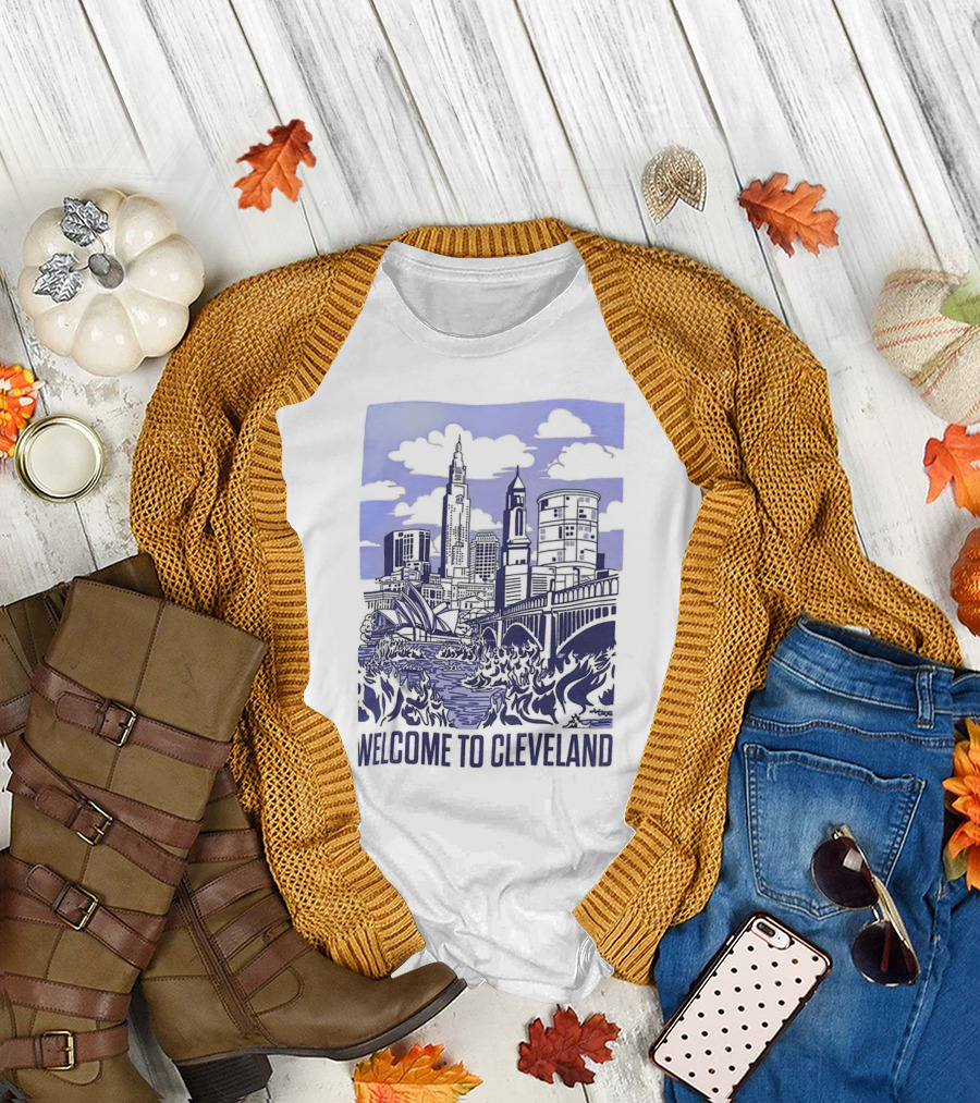 Welcome to Cleveland The Land Down Under Skyline and Flames T-Shirt