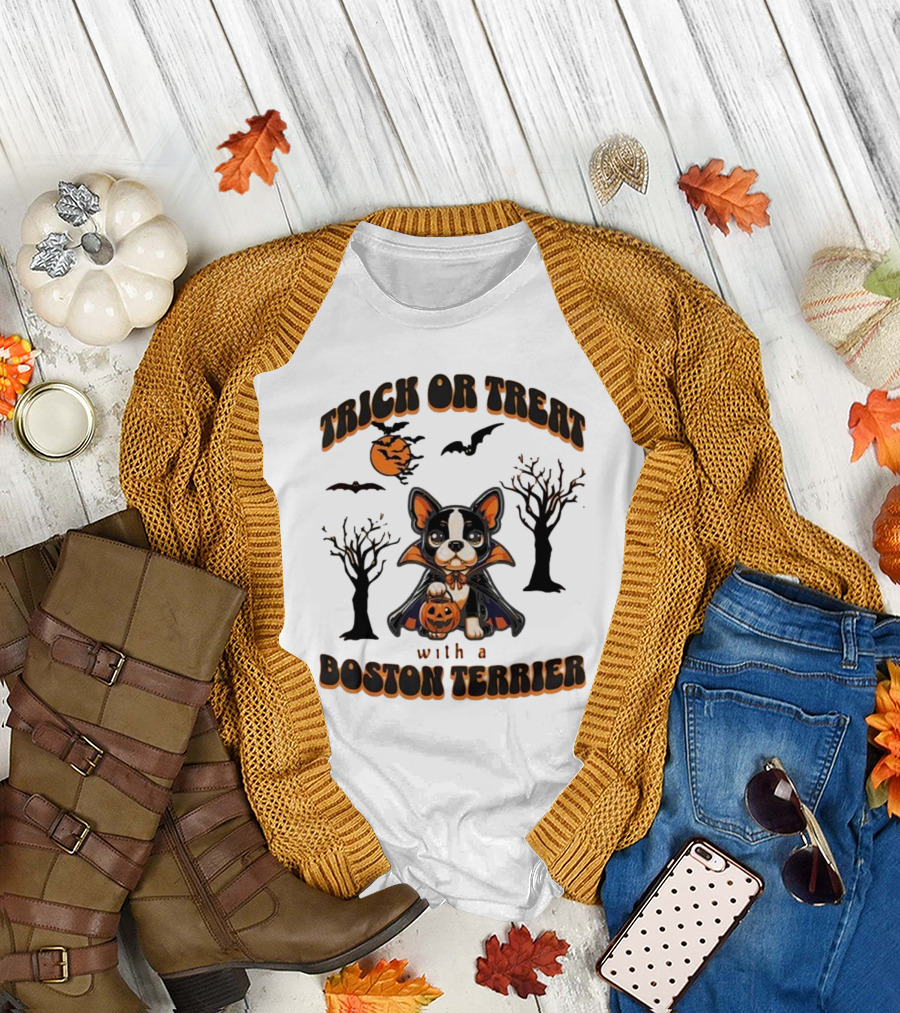 Trick Or Treat With A Boston Terrier Halloween Pumpkins and Bats T-Shirt