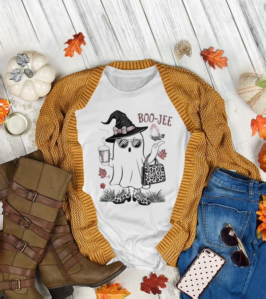 Boo Jee Leopard Ghost Fall Vibes with Witch Hat and Coffee Cup T-Shirt