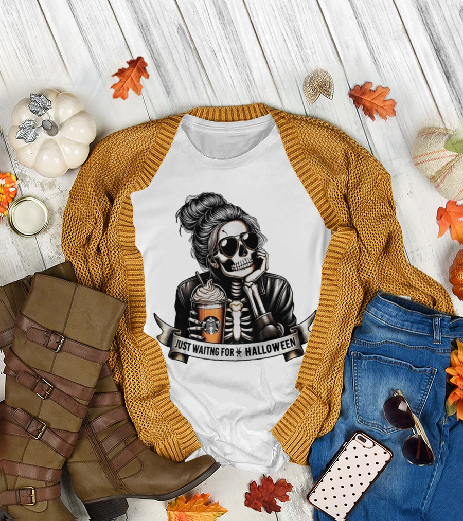 Just Waiting For Halloween Skeleton With Coffee Cup Spooky Season T-Shirt