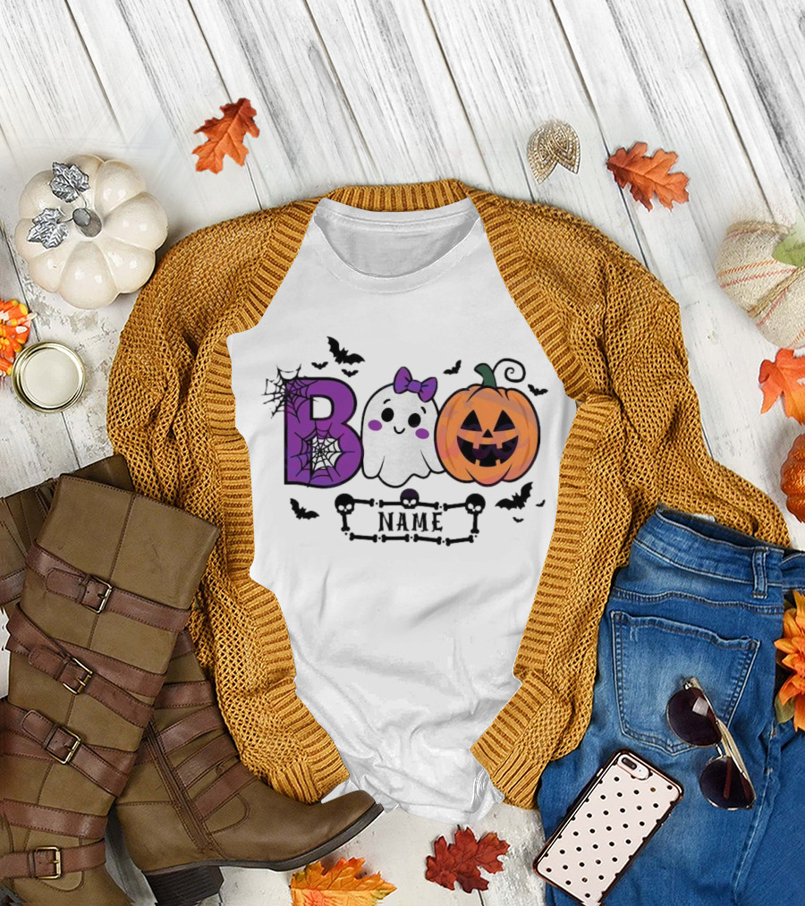Boo Name Ghost Pumpkin Halloween Spiders Bats T-Shirt
