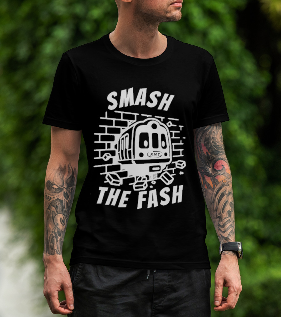 Manchester South RMT Smash The Fash Train Breaking Through Brick Wall T-Shirt