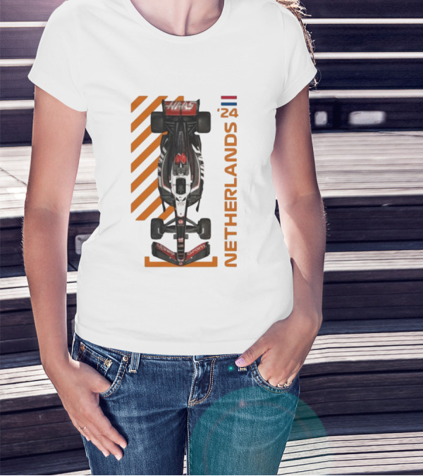 Haas F1 Racing Car Netherlands 24 Orange Stripes Racing Formula 1 T-Shirt