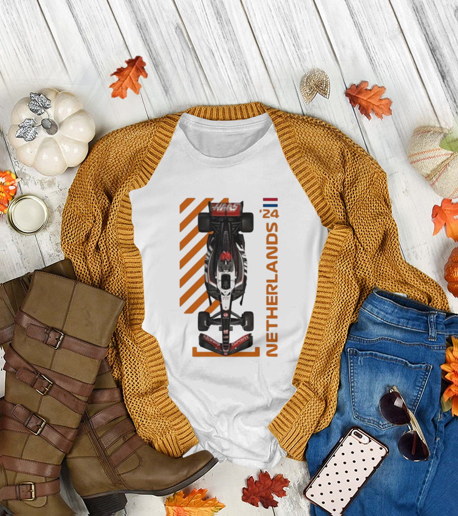 Haas F1 Racing Car Netherlands 24 Orange Stripes Racing Formula 1 T-Shirt