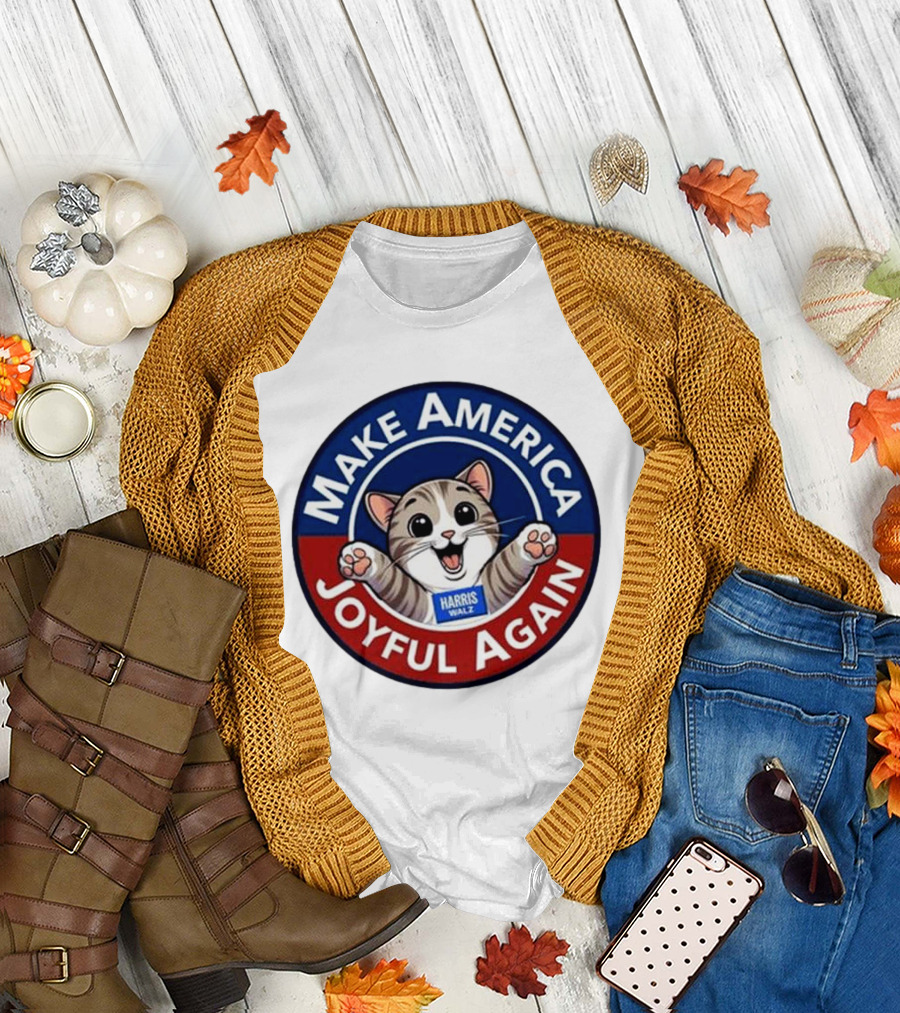 Make America Joyful Again Harris Walz Cat Image T-Shirt