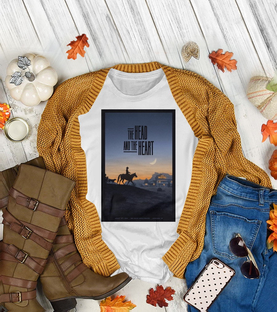 The Head And The Heart August 12 2024 Red Rocks Amphitheatre Morrison CO Cowboy Silhouette at Sunset Motel Scene T-Shirt