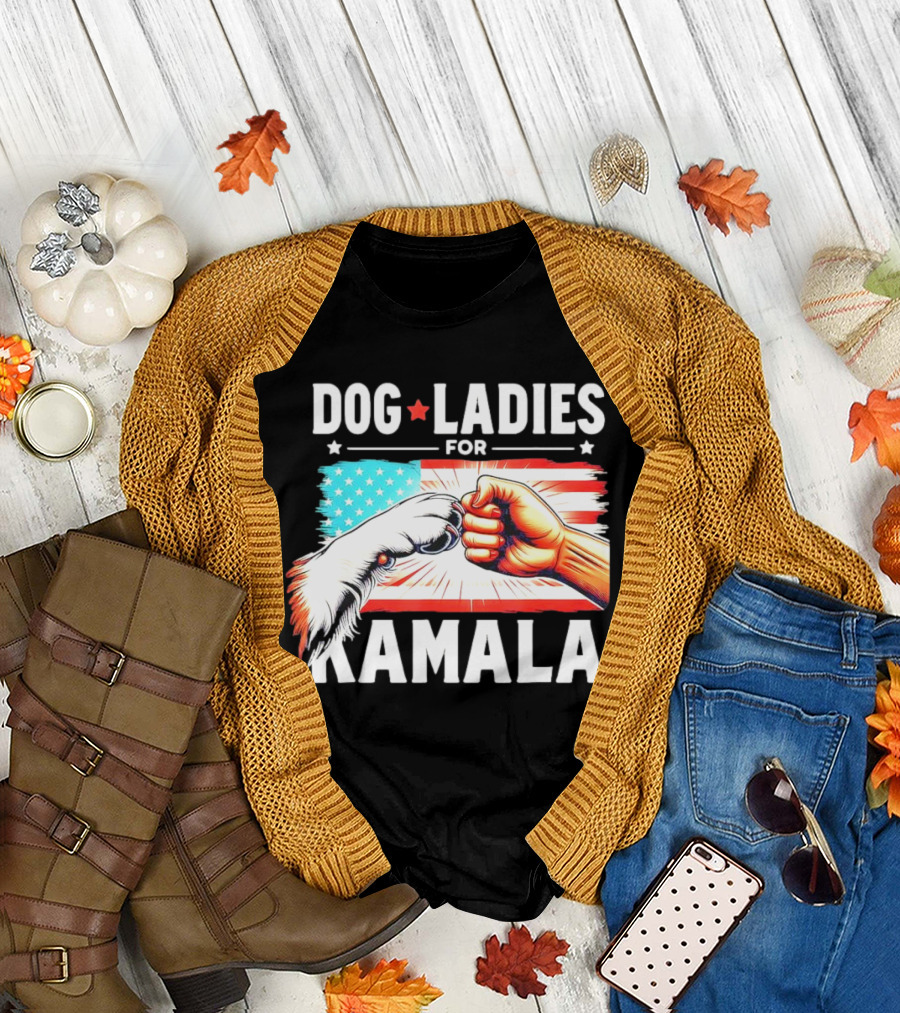 Dog Ladies for Kamala Paw and Fist Bump with American Flag Background T-Shirt