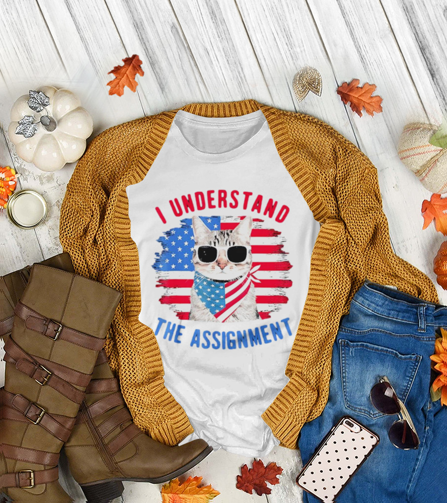 I Understand the Assignment Cat with American Flag Sunglasses and Scarf T-Shirt