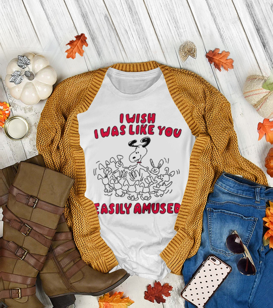 I Wish I Was Like You Easily Amused Black and Red Cartoon Character Surrounded by Dancing Bunnies T-Shirt