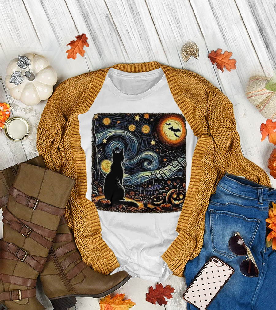 Retro Van Gogh Starry Night Cat with Pumpkin and Bat Halloween T-Shirt