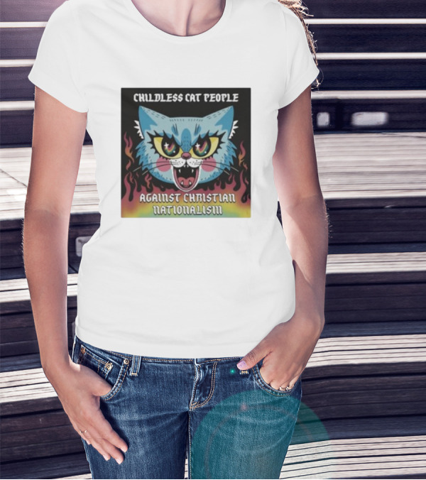 Childless Cat People Against Christian Nationalism Fierce Blue Cat With Flaming Background T-Shirt