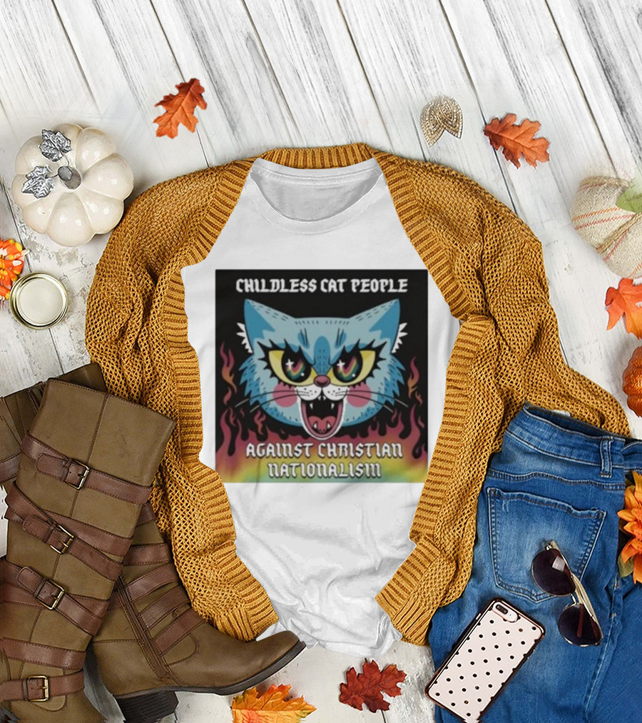 Childless Cat People Against Christian Nationalism Fierce Blue Cat with Flaming Background T-Shirt