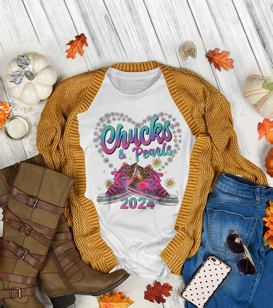 Chucks and Pearls 2024 Pink Leopard Converse Heart and Flowers T-Shirt